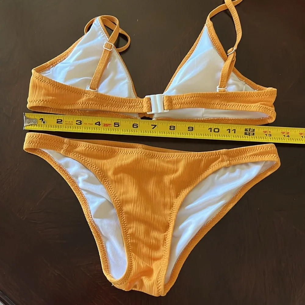 Marigold Yellow Ribbed Triangle Bikini Set Center Ladder Detail Cheeky Small - Picture 9 of 14